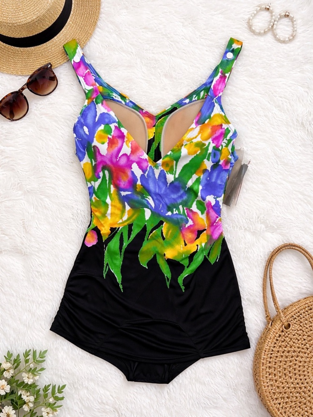 Floral V-Neck Black One-Piece Swimsuit - Multicolor